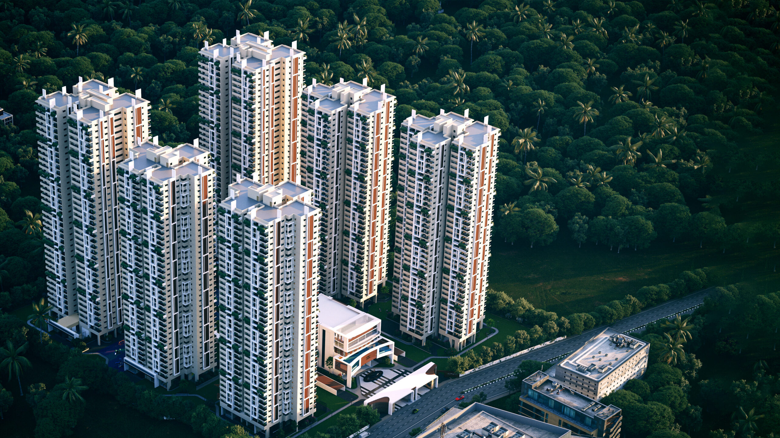 "Exterior view of Gamya by Supadha's 6 strategically designed residential blocks in Tellapur Gamya"